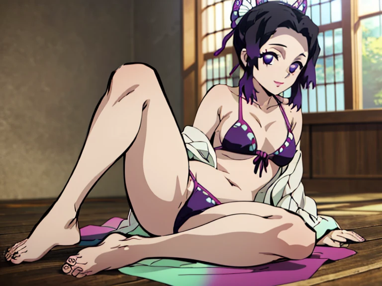 EFT_Shinobu, 1girl, kochou shinobu, butterfly hair ornament, solo, hair ornament, purple hair, multicolored hair, purple eyes, black hair, medium breast, (bikini), seductive smile, looking at viewer, blurry background, indoors, japanese house, full body, slim, ((masterpiece)), best quality, high detailed illustration, high detailed background, hi-res, bare legs, bare feet