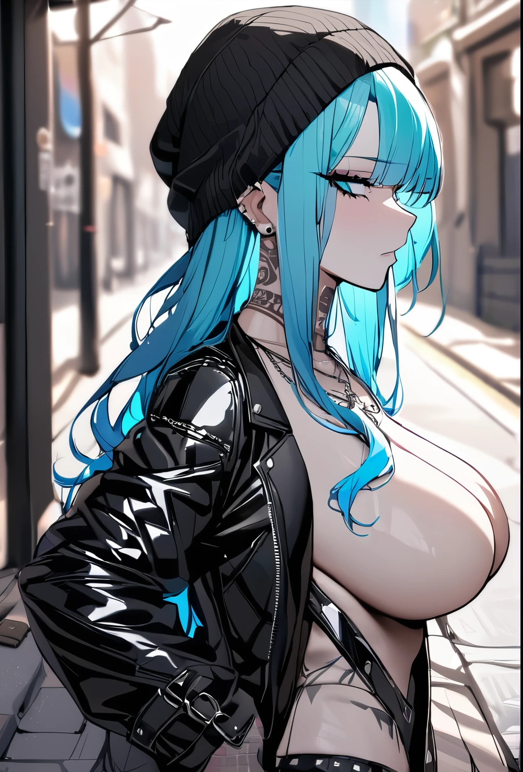 Holo-Punk Style, ((best quality)),((masterpiece)),((strikingly beautiful)), mature, 1girl, solo, high quality, masterpiece, skinny, long hair, messy bangs, black beanie, cyan hair, leather jacket, cyan eyeliner, pale skin, many necklaces, neck tattoo, tattoo on neck, sidewalk, large breasts