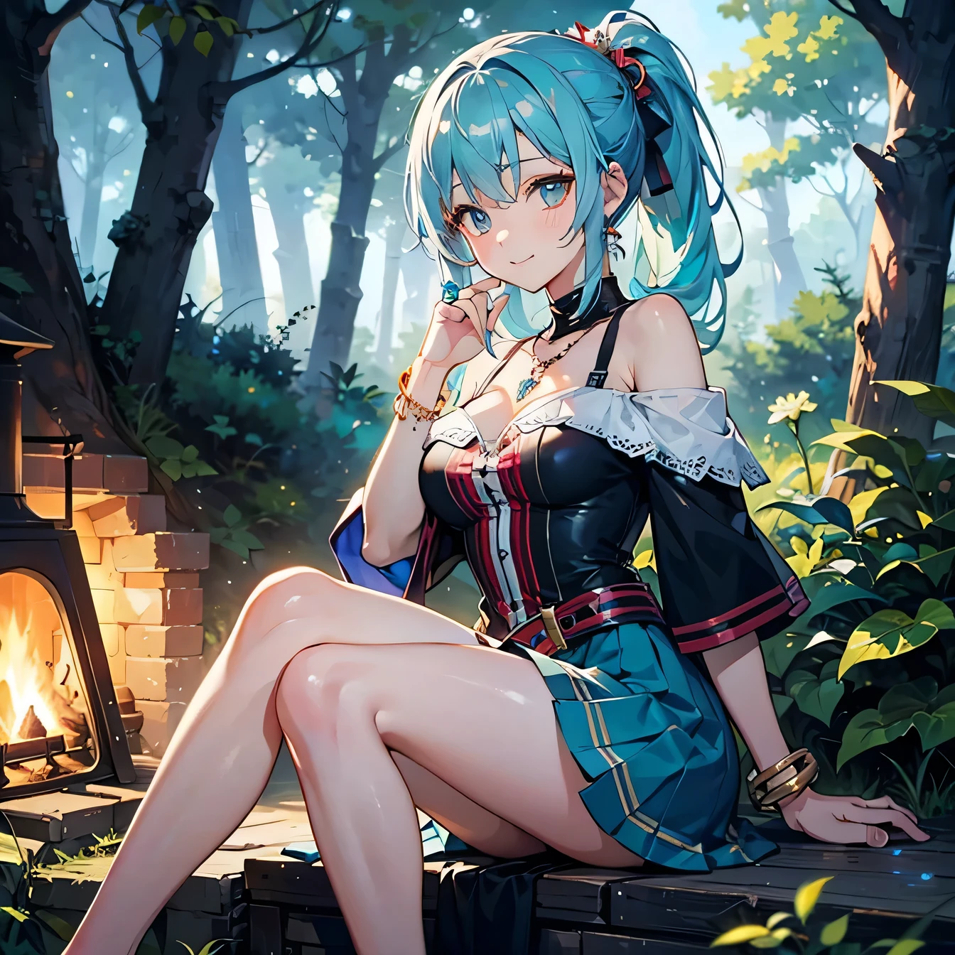 Anime Moe Art Style,highest quality,High resolution,One Girl,Anatomically correct,-teegirl with light blue hair in a ponytail,Super detailed,Fantasy-inspired costumes,off shoulder tops,mini skirt,Big breasts, gentle smile,A rich expression,Eyes drawn in detail,necklace,ring,hair ornaments,bracelet,Outdoor,Night Forest,An open area in the forest,sitting in front of the fire,Sitting on one's knees,8K