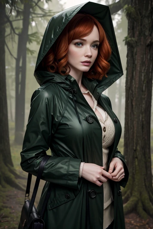 christina hendricks in dark green raincoat
