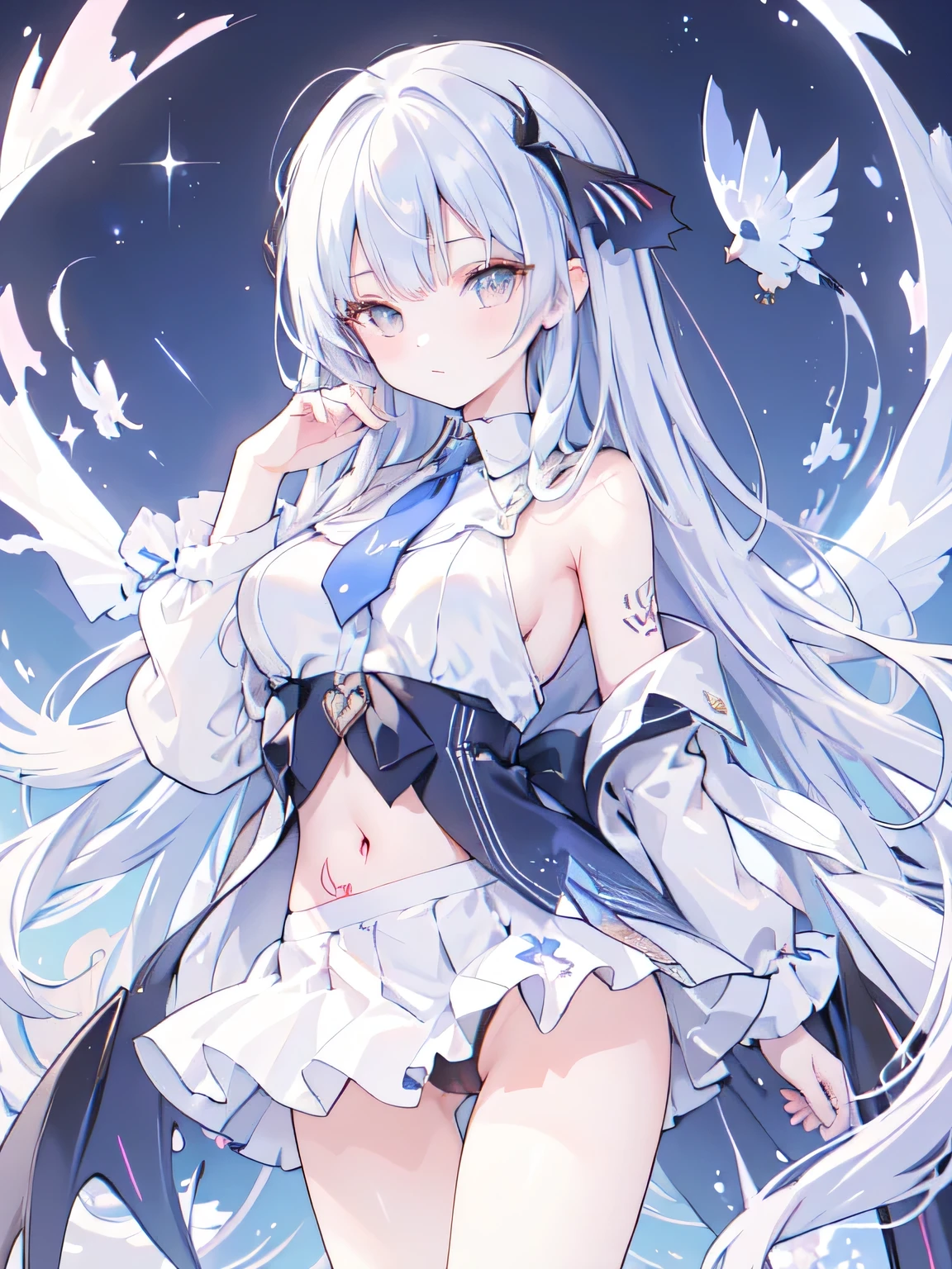 ((best quality)), (Ultra Detailed), ((Extremely detailed)), (fair), ((girl)), ((Ultra HD)), (masterpiece), (high quality), (best quality), (4K), (high quality), (1个girl),Parted bangs, ((Hair intake)), Long hair,(Random Hairstyle), , slim body, (Transparent fabric),Succubus, Normal arm ,miniskirt ,Exposing underwear,Belly tattoo,Starry Sky,Put your hands behind your back