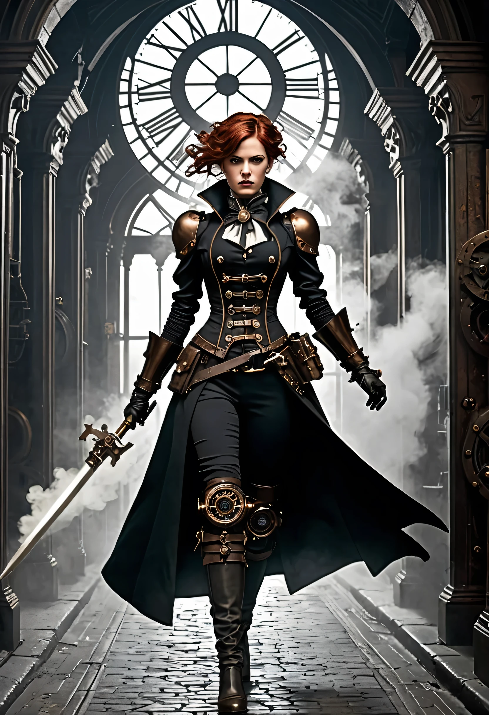 gothic style Conjure the image of a fierce Decopunk warrior navigating through a gritty Steampunk setting, where intricate gadgetry and clockwork mechanisms rule supreme. Their body embodies the rebellious spirit of the Decopunk subgenre. Copper piping and brass fixtures adorn her attire, accentuating her movements as she saunters through the labyrinthine corridors of a Victorian-era city. Steam whistles blow in the distance, signaling approaching adversaries, while gears turn ominously overhead. Undeterred, our heroine charges forward, sabre raised, ready to defend her ideals against the oppressive regime governing this alternative reality. . dark, mysterious, haunting, dramatic, ornate, detailed,