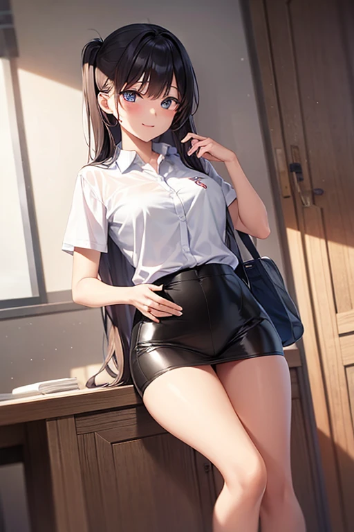 a 16 year old girl in a school the school is closed and its night the girl is smileing and she is wearing sexy tight clothes