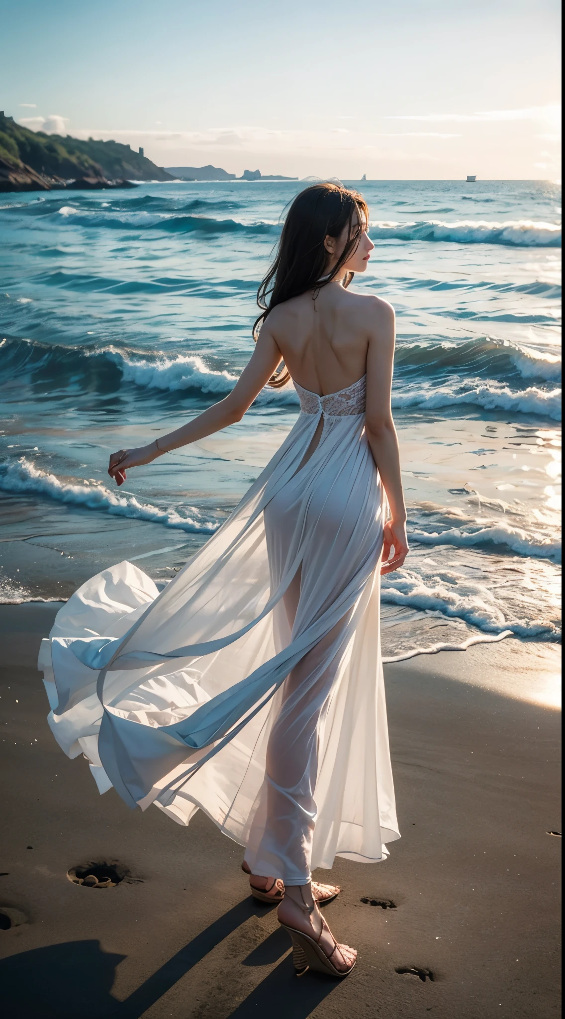 Beach，seaside，（（一群Seagull飞翔）），Fall into the afterglow，A 26-year-old girl, Wear a white dress，whole body，（（Open your arms）），Facing the sea，Watching((Back))， Black silky long straight hair, Long hair spread over shoulders, On the beach，女孩张开手臂Embrace the sea，Female tenants，Embrace the sea，Angle Behind，（（Back）），Facing the sea，（（（Facing the sea））），Seagull