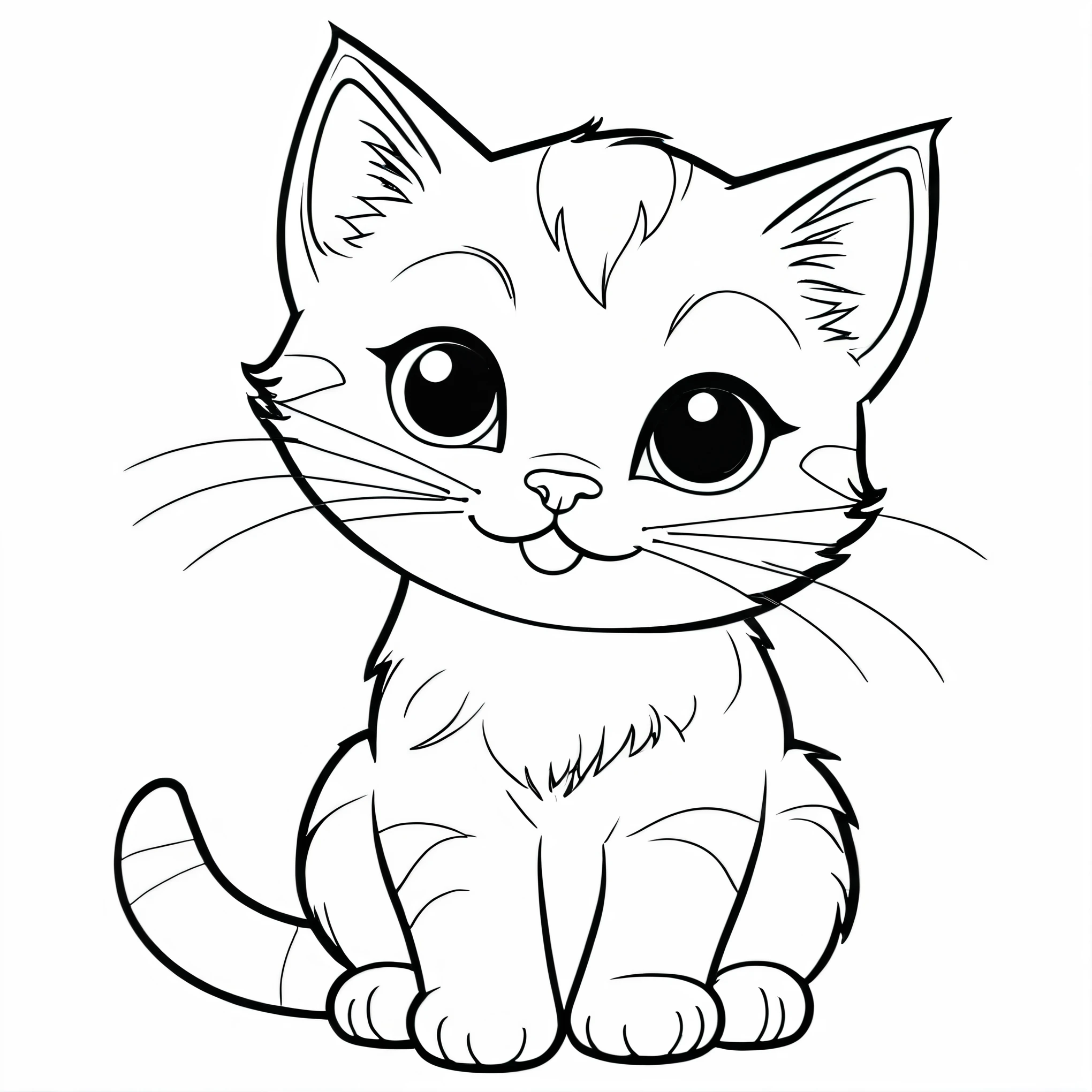 Lindo y adorable gato, Coloring page for kids, feliz, sonriente, vector art, minimalista, vector 2d, black lines Fondo blanco, Dibujo para colorear para principiantes, vector illustration, ink strokes, no color, Dibujo para colorear, Fondo blanco, estilo pixar, en blanco y negro