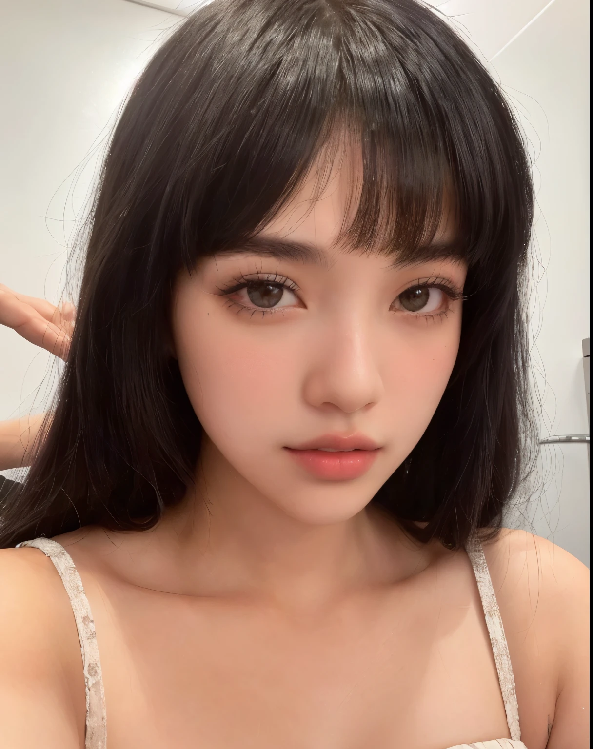 Araffe girl with black hair and bangs taking a selfie., she has black hair con flequillo, ruan cute vtuber, Lalisa Manobal, Con flequillo completo, con flequillo, bella delfina, Lalisa Manoban de Blackpink, neat hair con flequillo, pale korean adorable face, ulzzang, long hair Con flequillo completo