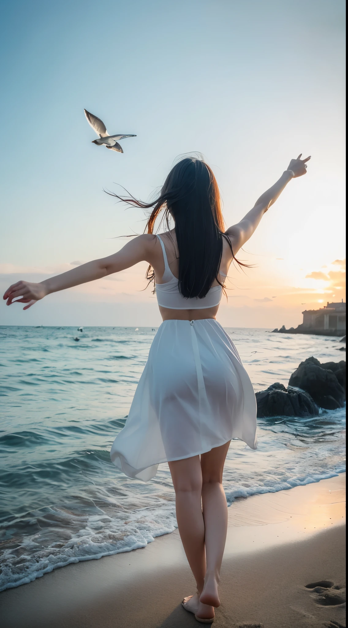 Beach，seaside，（（一群Seagull飞翔）），Fall into the afterglow，A 26-year-old girl, Wear a white skirt，whole body，（（Open your arms）），Facing the sea，Watching((Back))， Black silky long straight hair, Long hair spread over shoulders, On the beach，女孩张开手臂Embrace the sea，Female tenants，Embrace the sea，Angle Behind，（（Back）），Facing the sea，（（（Facing the sea））），Seagull