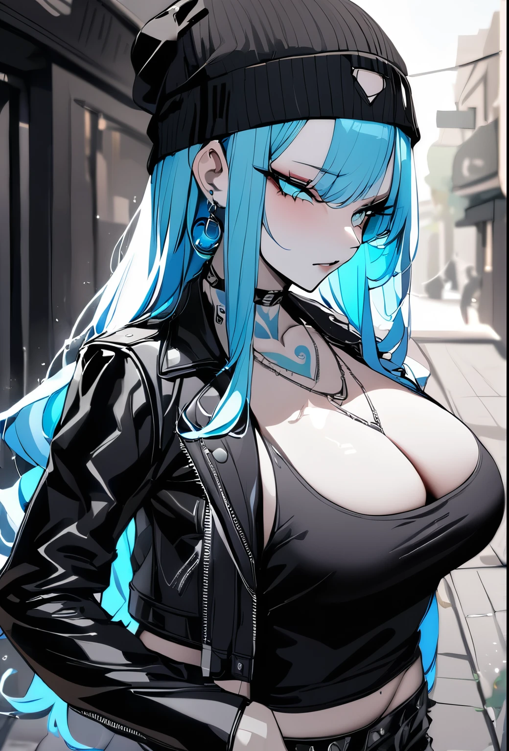 Holo-Punk Style, ((best quality)),((masterpiece)),((strikingly beautiful)), mature, 1girl, solo, high quality, masterpiece, skinny, long hair, messy bangs, black beanie, cyan hair, leather jacket, cyan eyeliner, pale skin, many necklaces, neck tattoo, tattoo on neck, sidewalk, large breasts