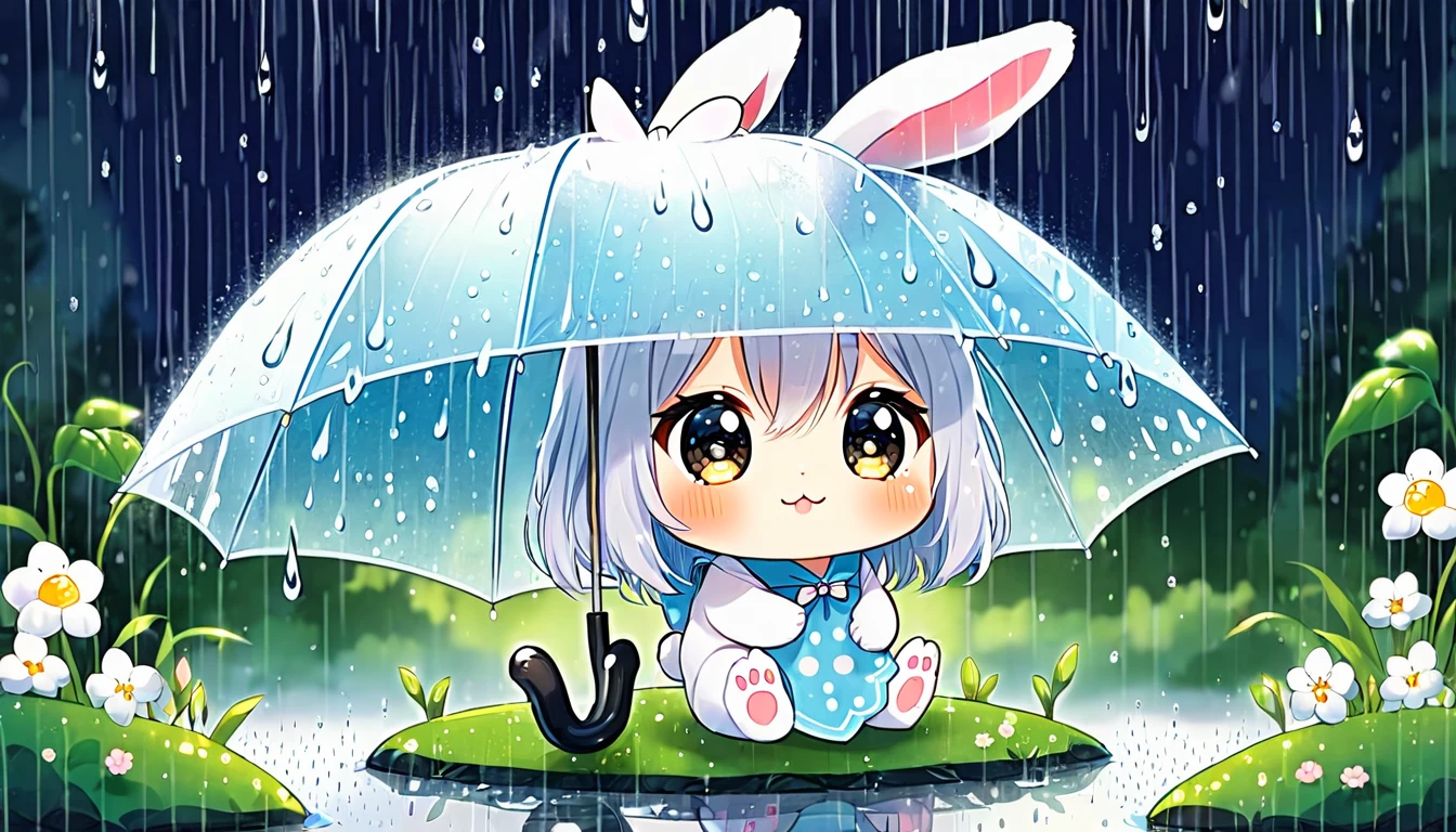 Cute and fluffy, Original Chibi Rabbit, fantasy, Cute rainy, rabbit,An illustration, Teru Teru Bouzu,