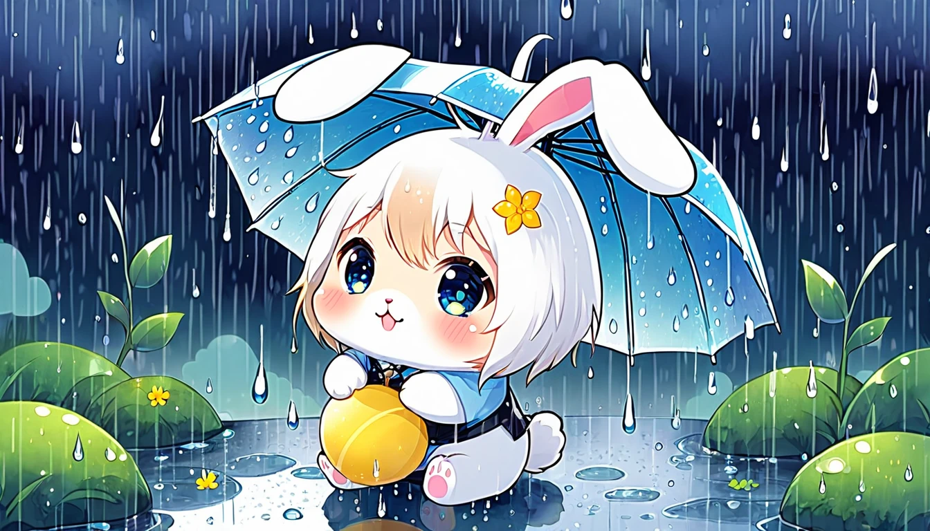  Cute and fluffy, Original Chibi Rabbit, fantasy, Cute rainy, rabbit,An illustration, Teru Teru Bouzu,