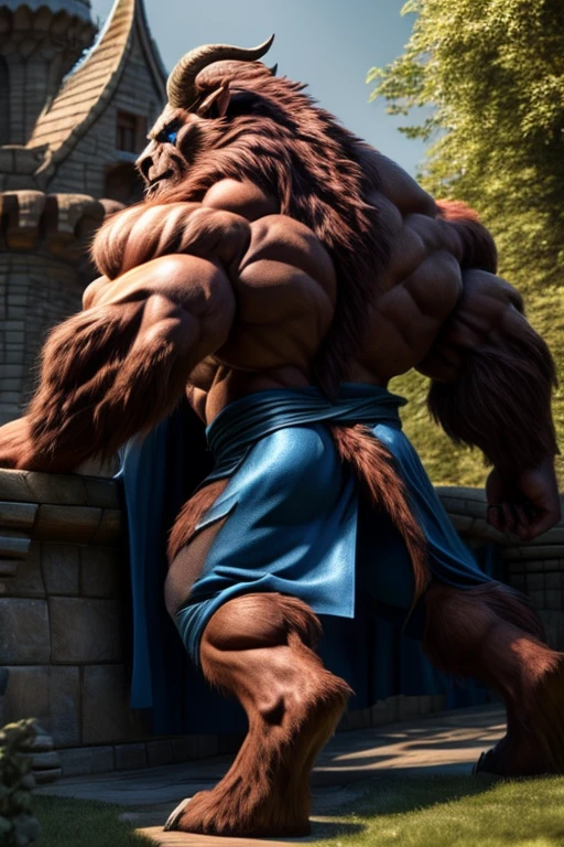A photorealistic image of the Beast from the movie Beauty and the Beast, super muscular giant, with muscular arms, broad shoulders, giant toned physique, muscular veins bursting, blue eyes, a tail, super hairy brown fur, horns turned backwards, wearing a torn blue overcoat, with veins popping, barefoot, in the garden of his castle