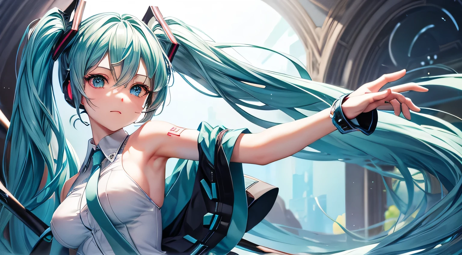 Hatsune Miku　Detailed facial expression depiction　Detailed eye depiction　Detailed hair depiction　Perfect upper body drawing　Super big breasts