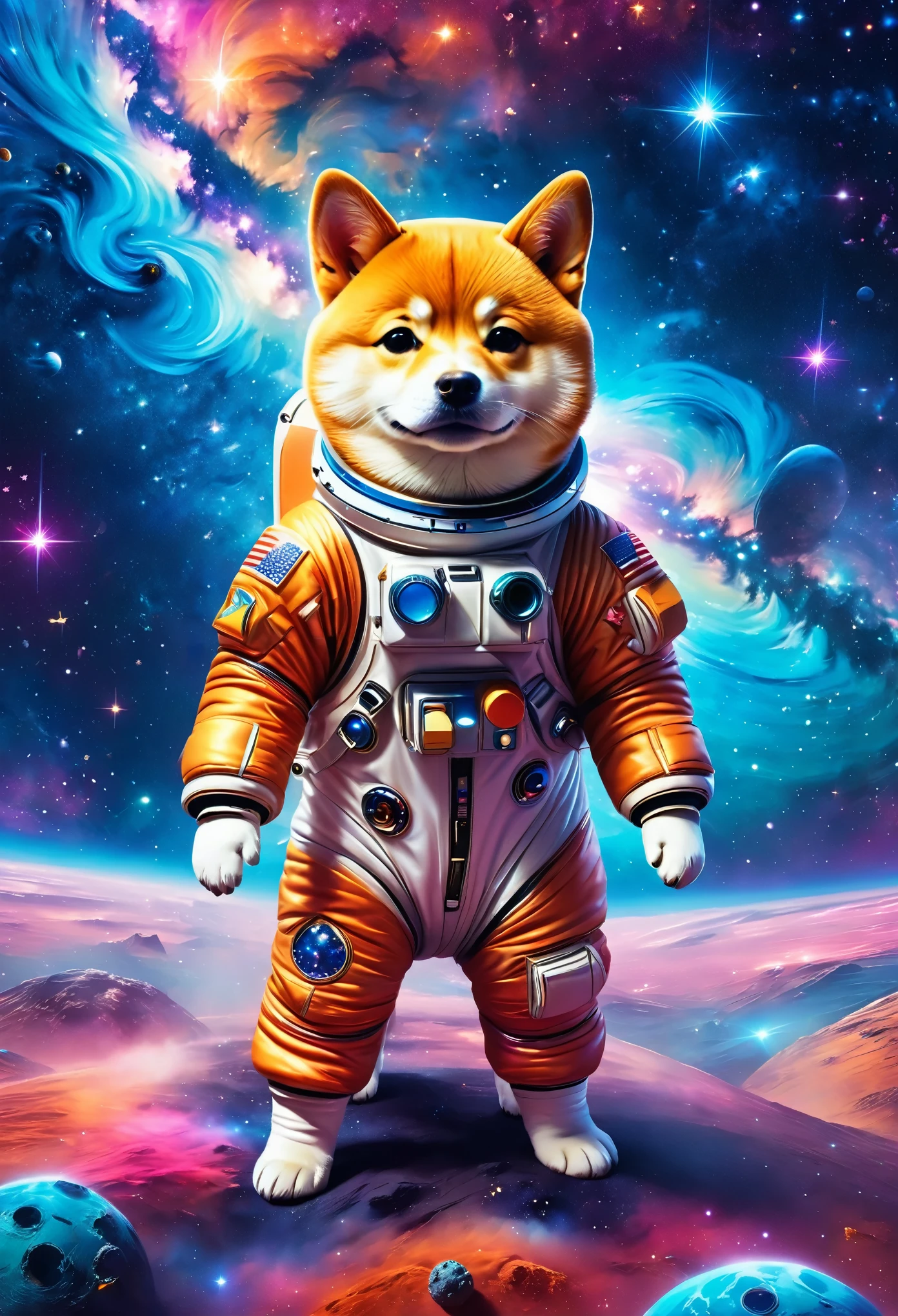Dressed animals page, Shiba Inu, cute astronaut suit, sparkling stars, cosmic dust, vibrant nebula, surreal colors, ethereal lighting, surreal art style, wondrous journey