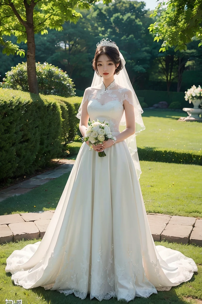 ((girl in perfect body shape)), ((korean bride)), ((garden at the background)), ((Bobhair cut)), ((top-quality)), RAW , ((masterpiece)) , (fujifilm), 16k , (Photorealism), ((beautiful bride)), ((wearing bride crown)) , ((low shot)), ((distant shot)),((facing towards the viewers)), ((full body shot))
