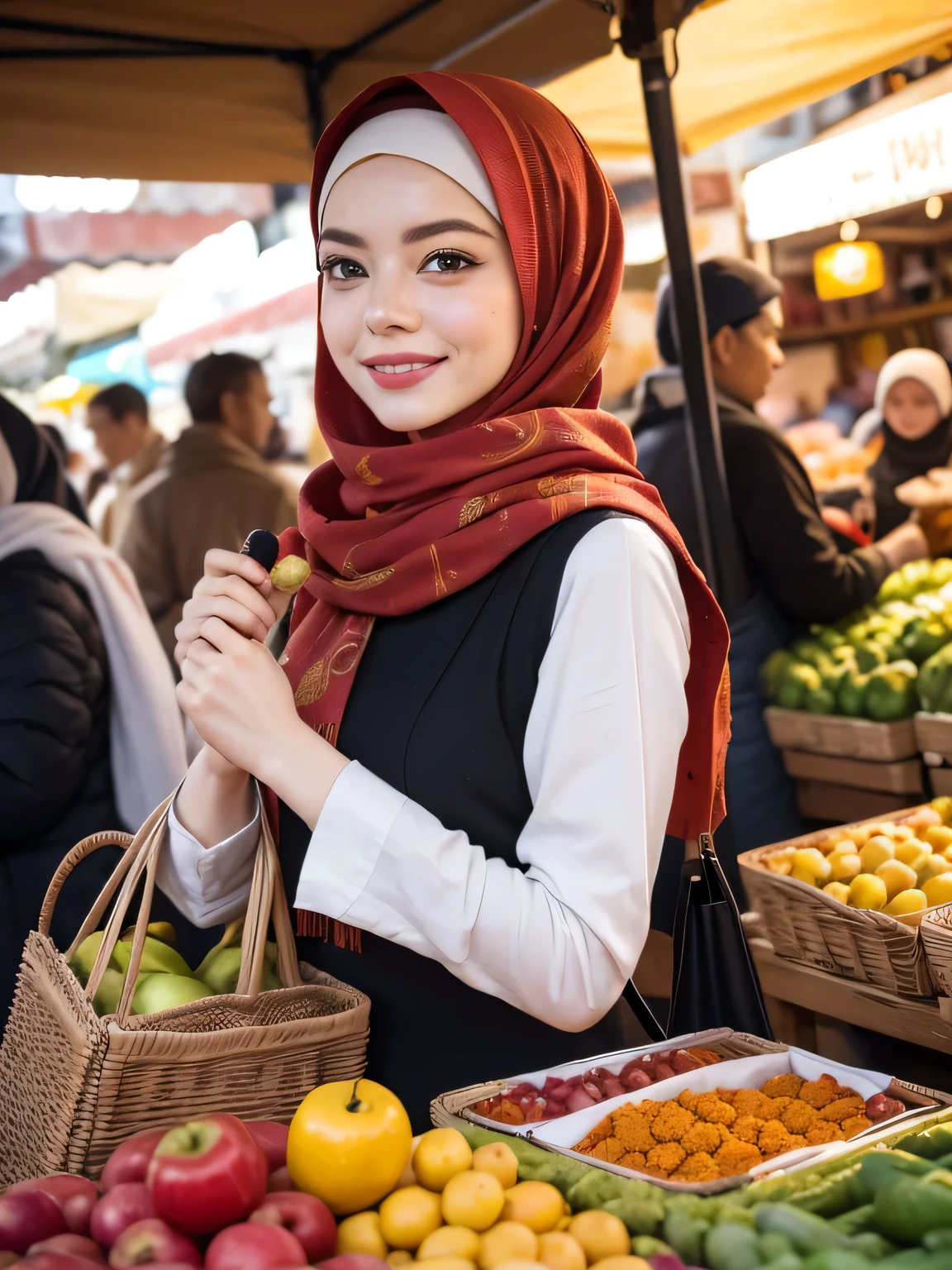 A beauty Emma stone with hijab, holding a handbag, shopping in the market, beautiful detailed eyes, beautiful detailed lips, extremely detailed eyes and face, long eyelashes, cheerful expression, perfect hands, handbag in hand, shopping in a vibrant market, exotic spices and colorful fruits and vegetables, atmospheric lighting, deep and warm color tones, traditional market setting, authentic and lively atmosphere, creative stall displays, interaction with friendly vendors, smiling faces, and bustling crowd, local architecture and cultural elements in the background, (best quality, 4k, 8k,highres, masterpiece:1.2), ultra-detailed, (realistic, photorealistic, photo-realistic:1.3), (full body portrait), tall background