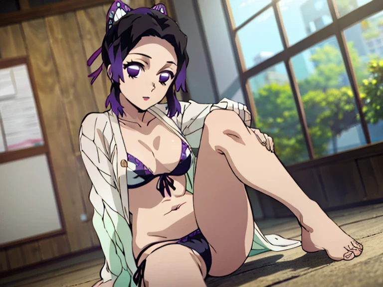 EFT_Shinobu, 1girl, kochou shinobu, butterfly hair ornament, solo, hair ornament, purple hair, multicolored hair, purple eyes, black hair, medium breast, (bikini), seductive smile, looking at viewer, blurry background, indoors, japanese house, full body, slim, ((masterpiece)), best quality, high detailed illustration, high detailed background, hi-res, bare legs, bare feet