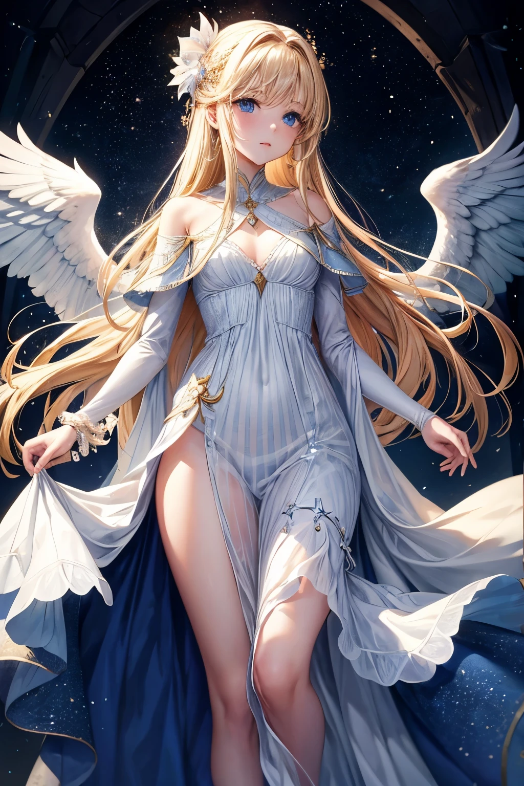 Physique :
Aria est une jeune ange d'une beauté éthérée, with delicate features and crystal blue eyes that seem to reflect celestial light. Her skin is immaculately pale, presque translucide, as if lit from within. Her hair is golden blonde, soyeux et longs, encadrant doucement son visage.

Elle a une allure élancée et gracieuse, with a light, almost floating gait, comme si elle était toujours en harmonie avec les courants d'air célestes qui l'entourent. Ses ailes d'ange, blanches et diaphanes, unfold majestically behind her when she is in motion, adding to her angelic aura.

Style Vestimentaire :
Aria&#39;s clothing style is both stylish and functional, reflecting her status as a gifted student of magic. She often wears light dresses in soft, bright shades, like sky blue or silver white, which highlight her glowing skin and blonde hair.

Her favorite outfit is a long, flowing dress, ornée de motifs subtils inspirés des constellations et des étoiles. Les manches sont larges et transparentes, rappelant la texture de ses ailes. Aria also wears delicate accessories, such as fine bracelets encrusted with precious stones that sparkle like stars.

Pour compléter son look, she often wears light sandals decorated with gold and silver patterns. Her hair is usually down, flottant librement autour d'elle, sometimes held in place by simple hairpins decorated with small stars.

When she prepares for magic lessons or important tests, Aria revêt une cape blanche ornée de broderies argentées, symbolizing its connection with celestial energies. Cette cape lui confère une aura majestueuse et mystique qui impressionne ses camarades et ses professeurs.

En somme, Aria&#39;s style is both captivating and graceful, capturing the very essence of his angelic heritage while reflecting