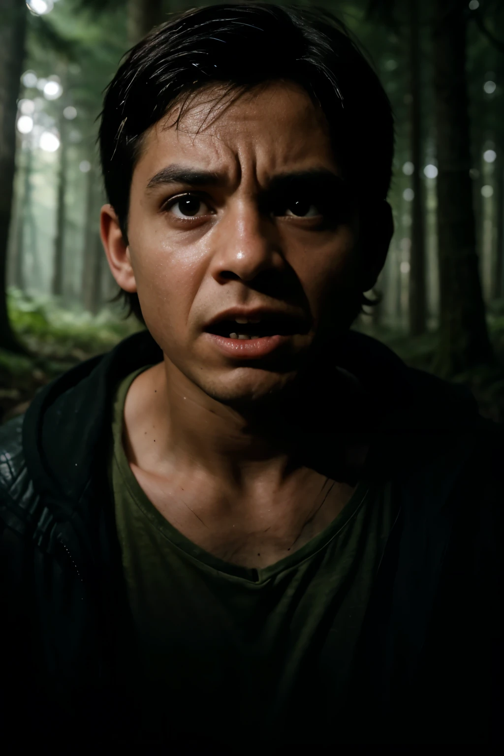 A young boy named Garoto is attacked by a terrifying creature in the depths of the forest. His face is etched with fear and dread, eyes wide open, mouth agape in a silent scream. The scene is captured in the highest quality, every detail refined and intricately depicted. The forest closes in around him, shadows creeping over his frightened form. His skin is pale and clammy with sweat, each pore and crease visible under the sharp focus of the camera. The creature, looming in the background, is shrouded in mystery and menace, its features indistinct and ominous in the dimly lit woods. The atmosphere is thick with terror, every rustle in