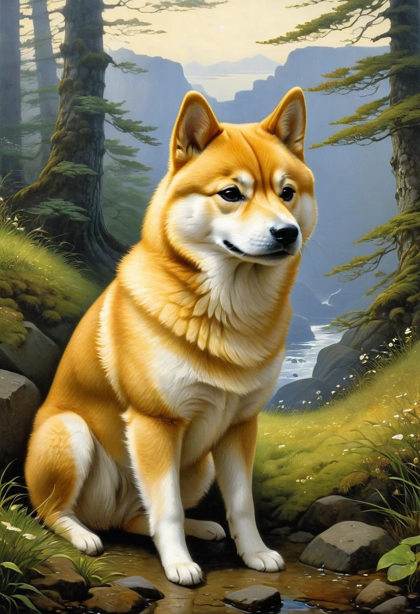 A Shiba Inu, by Theodor Kittelsen, best quality, masterpiece, very aesthetic, perfect composition, intricate details, ultra-detailed