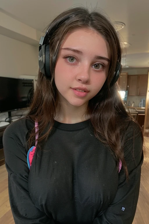 masterpiece, HDR, 4K, 8K, masterpiece, best quality, 1girl, masterpiece, best quality, 1girl, skinny face, brown hair, detailed face+black eyes, medium breasts, closed mouth, looking at viewer, long hair, gamer headphones, plaid pajamas, background: Surabaya, solo, upper body,