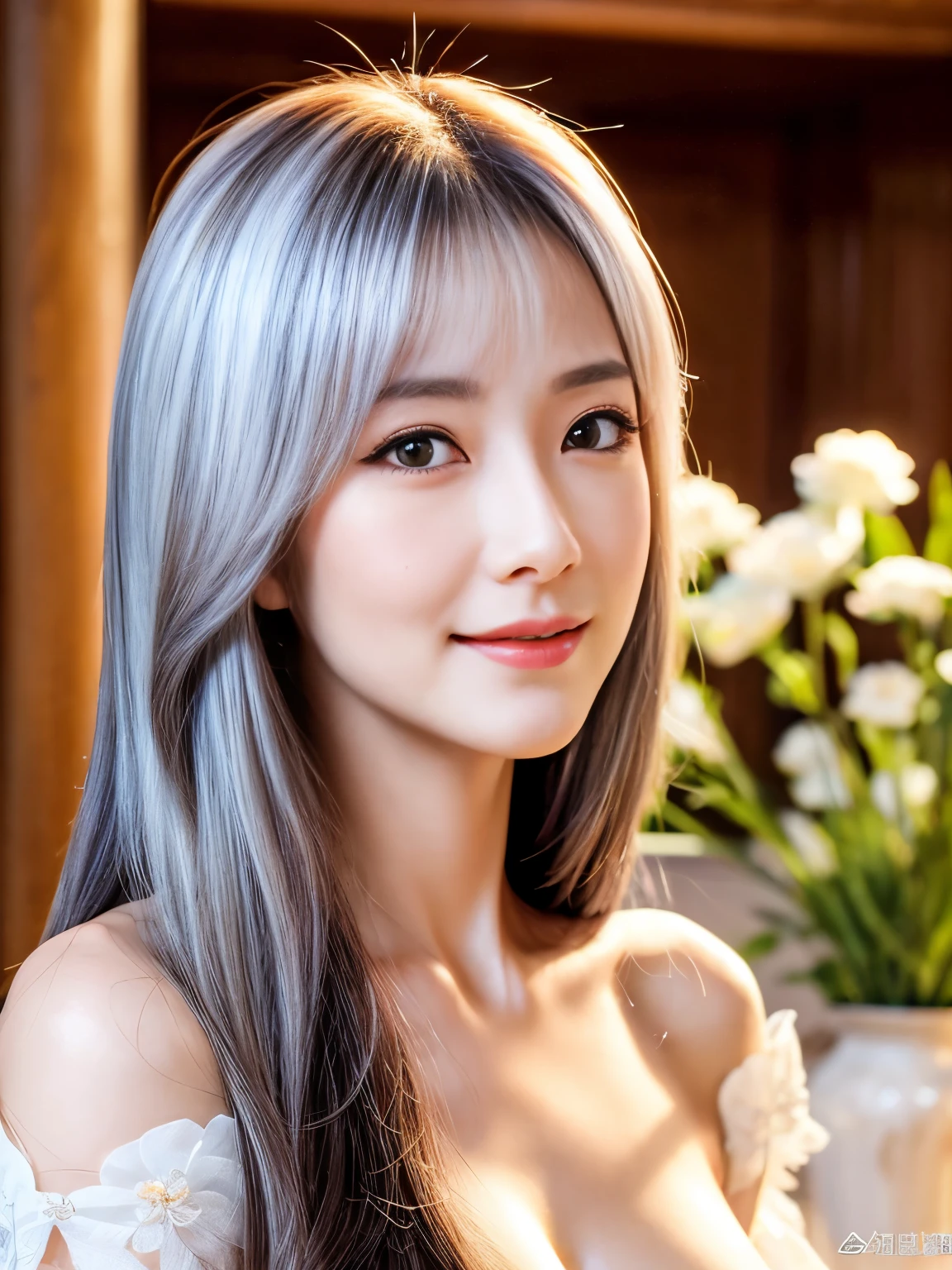 50 year old mature woman、Classy sex appeal、Beautiful woman、sexy、透明Whitening skin、Perfect natural light、8K High Resolution、High resolution、Beautiful breasts High quality、Beautiful ass high quality、Glowing Beautiful Skin、Transparent beauty、Realistic、Looking at the camera、Whitening skin、masterpiece、Moist eyes、Nasolabial folds、Bright spot、Gravure quality、Floral、Silver Hair、Straight Long Hair、Fantastic other world、Wearing noble robes、royal hall hall、Beautiful gown