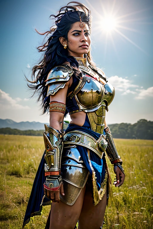 a beautiful warrior from Hindu mythology, tall and proud against the backdrop of an ancient battlefield. She is clad in vibrant battle-worn armor that glows with engravings of sacred mantras. Her strong physique is evident even beneath the armor, intricately designed with elements that echo her divine heritage. Her gaze is fierce and unwavering and her long, dark hair flows like a flag. As the guardian of dharma, her aura exudes majesty and fearlessness, ready to engage in a battle that resides in the pages of myths and legends.