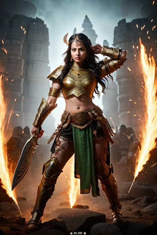 a beautiful warrior from Hindu mythology, tall and proud against the backdrop of an ancient battlefield. She is clad in vibrant battle-worn armor that glows with engravings of sacred mantras. Her strong physique is evident even beneath the armor, intricately designed with elements that echo her divine heritage. Her gaze is fierce and unwavering and her long, dark hair flows like a flag. As the guardian of dharma, her aura exudes majesty and fearlessness, ready to engage in a battle that resides in the pages of myths and legends.