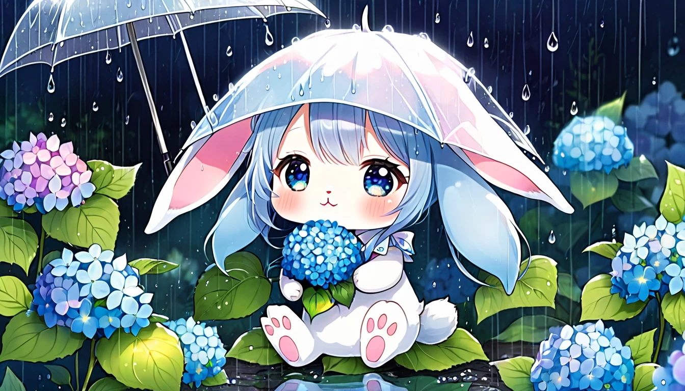 Cute and fluffy, Original Chibi Rabbit, fantasy, Cute rainy, rabbit,An illustration, hydrangea,