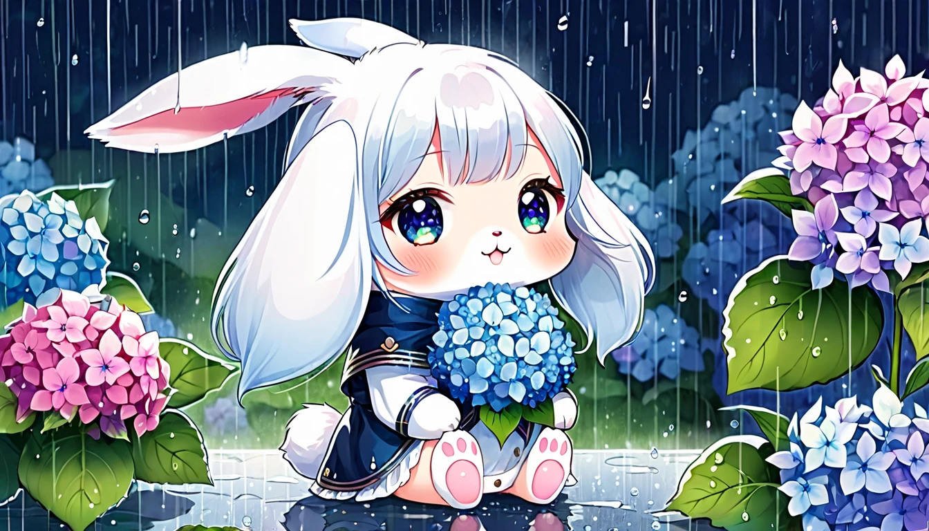Cute and fluffy, Original Chibi Rabbit, fantasy, Cute rainy, rabbit,An illustration, hydrangea,