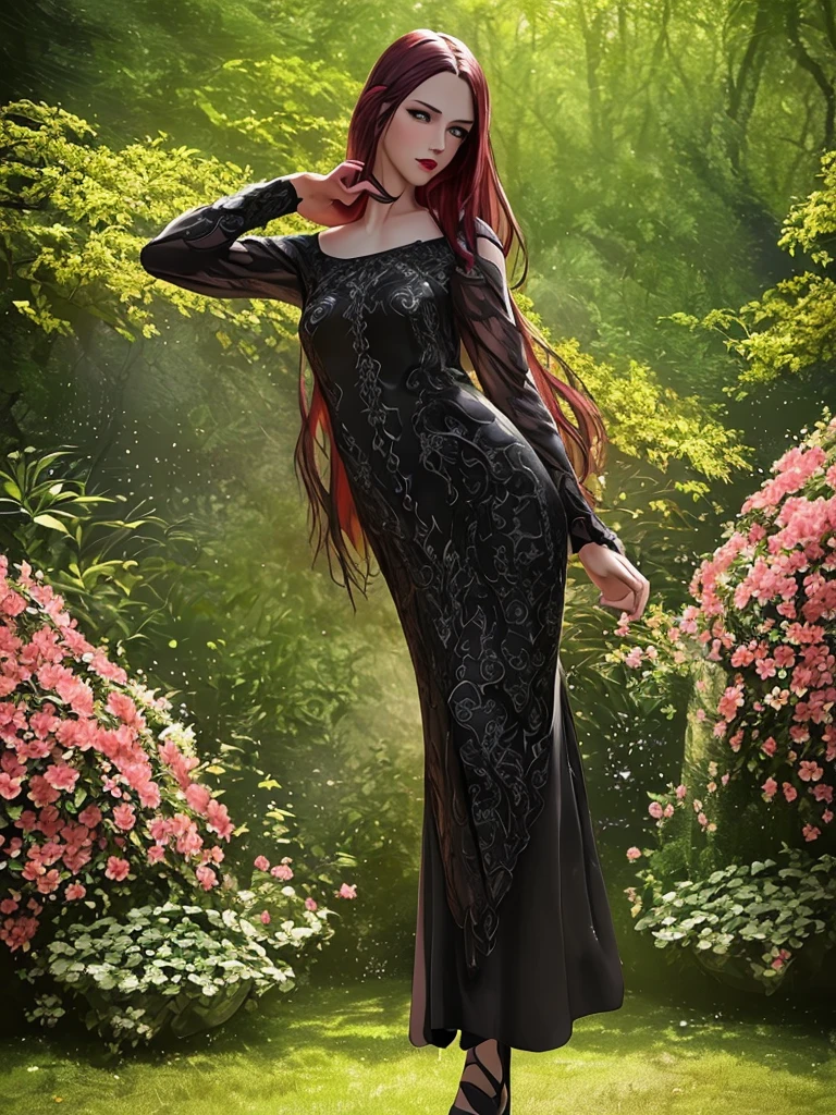 (best quality,4k,8k,highres,masterpiece:1.2), ultra-detailed, (realistic,photorealistic,photo-realistic:1.37), young woman, beautiful and detailed face, beautiful detailed eyes with pink pupils, wearing a black dress with red details, very attractive and well-detailed body, red lipstick, long black hair flowing down, standing in a lush garden, surrounded by vibrant flowers, sunlight shining through the trees, casting a soft golden glow, green grass under her feet, a gentle breeze blowing her hair, a hint of mystery in her gaze, evoking a sense of elegance and enchantment.