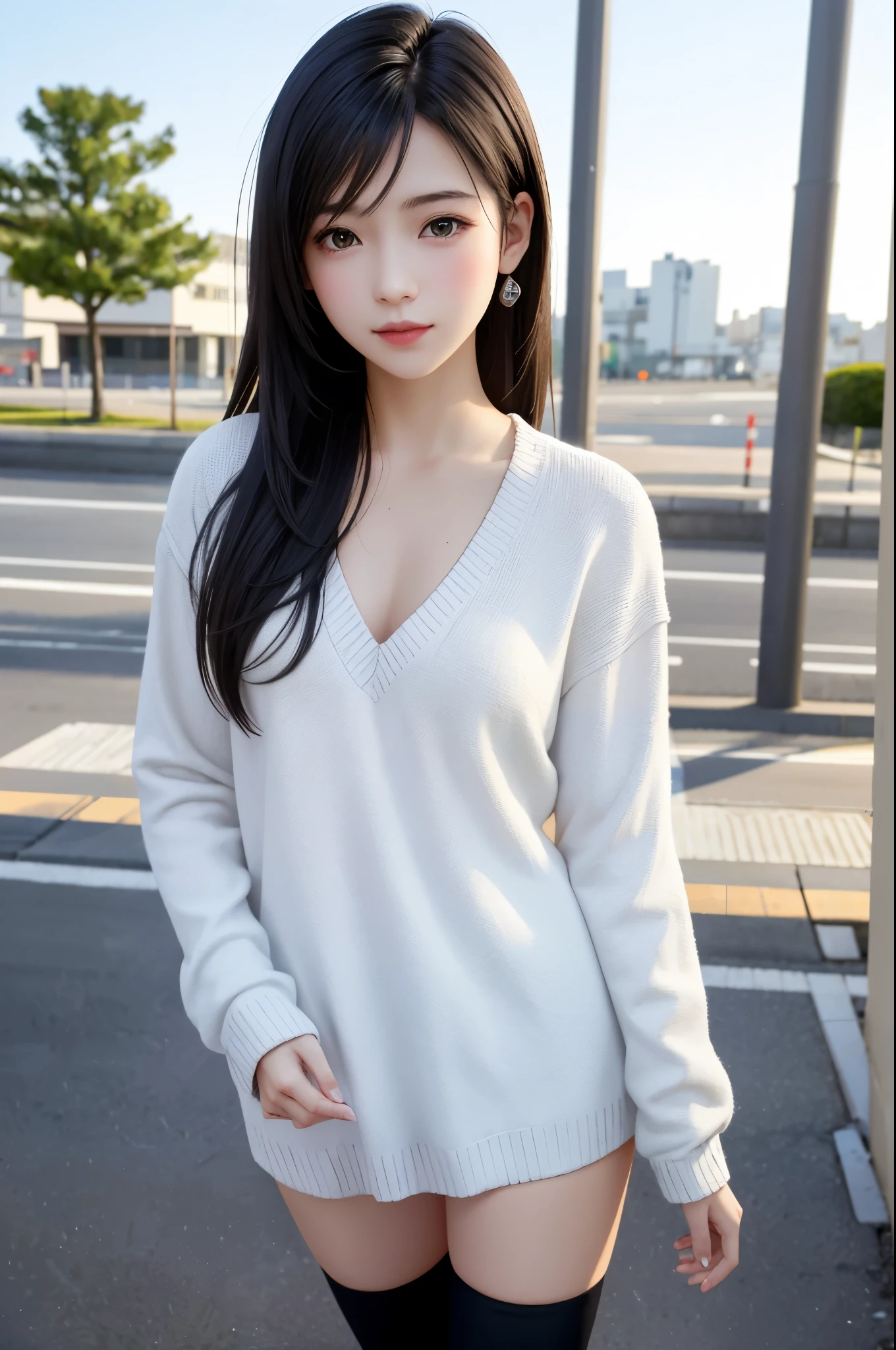 (top quality, masterpiece: 1.1), (Realistic: 1.3), (photo Realistic: 1.3), BREAK {{{FF7,Tifa_lockhart,solo}}},(Wearing loose knit-dress:1.3,oversized sweater:1.3,long sleeve:1.2,white sweater),((short pants)),(tight very long boots:1.2),(Shibuya, Tokyo, big city background:1.1,outdoor),(model pose:1.1),Ultra-detailed face, Detailed eyes, Red eyes, BREAK {{{FF7,Tifa_lockhart,solo}}},(black brown hair, Large breasts: 1.0), BREAK (no bra),(Small and beautiful hard nipple) , About 18 years old, kawaii,(face focus:1.0), sensual, zettai_ryouiki:1.1 ,looking at viewer, cowboy shot, lean against the wall, standing