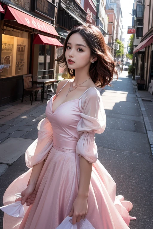 (masterpiece, highest quality, highest quality), ((Vibrant colors and patterns)),(((Perfect body)))(See-through gown),Colorful Camisole,Pale pink silk flared skirt,beautifully,Mysterious:1.2, (One Girl:1.3), Very detailed, Mature Woman,A kind smile, (Mouth closed), (highest qualityのmasterpiece:1.2) Delicate illustrations, Most detailed,Full body portrait, (Street background:1.3), (Shiny skin), (Many colors:1.4), ,(Earrings),((Three Necklaces))), Thick sole,White Tech Sneakers:1.3,Walking,