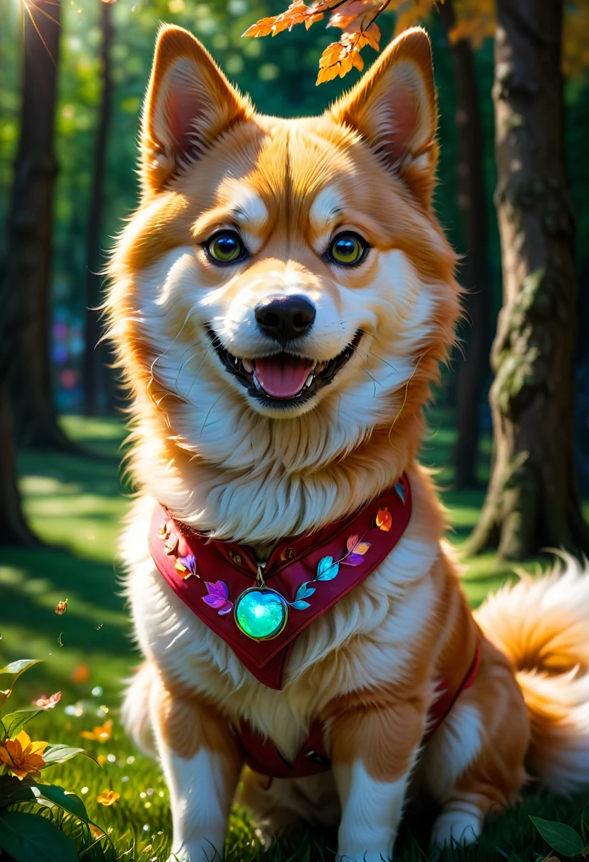 A Shiba Inu, aesthetic, (best quality,4k,8k,highres,masterpiece:1.2),ultra-detailed,(realistic,photorealistic,photo-realistic:1.37),dog,Shiba Inu,cute fluffy dog,loyal companion,playful expression,friendly temperament,curled tail,triangular ears,squishy face,adorable button nose,beautiful red coat,natural hunting abilities,expressive eyes,alert posture,running in the park,sunlight filtering through the trees,green grass and colorful flowers in the background,nature,leash,falling leaves,joyful energy,blissful expression,soft fur texture,sharp focus,vivid colors,playful interaction with other dogs,smiling owner's face,unconditional love and happiness,portrait,close-up,photography