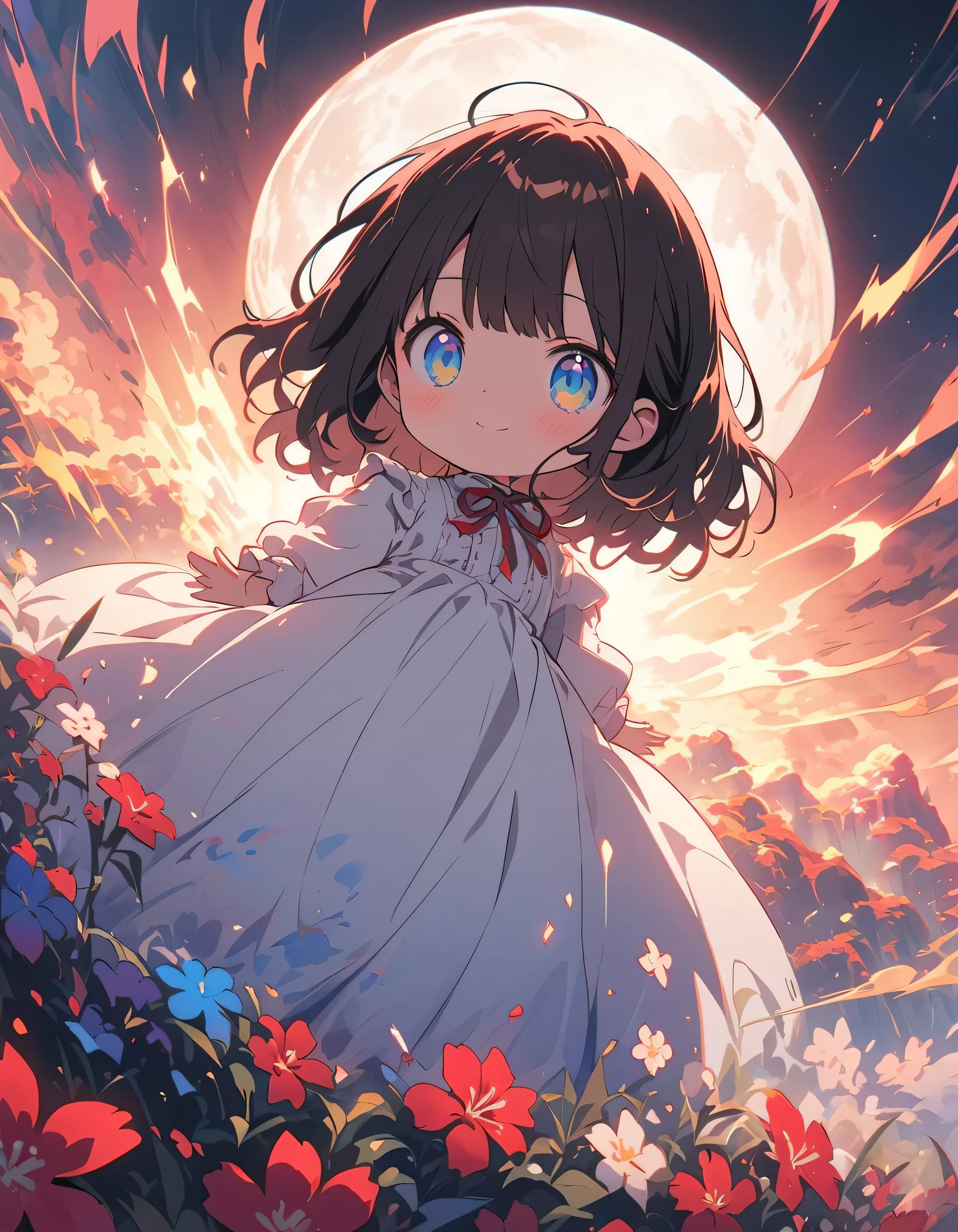 (masterpiece),(highest quality), figure, (Fantasy:1.4), Brown long hair, Long eyelashes, Round eyes, A light smile, Surrealism, Cast a Shadow, Anaglyph, Stereogram, Atmospheric perspective, 8k, Super Detail, Accurate, highest quality, 超High resolution, Textured skin, Long dress, moon, Flowers , paper_cut、(highest quality、masterpiece、High resolution、detailed)、anime style、Flat Style、(Shining Eyes、Beautiful Face), BREAK,1 girl、extremely detailed(The Shining), Best lighting, Best Shadow、floating, (High saturation),Dynamic Angle、anime