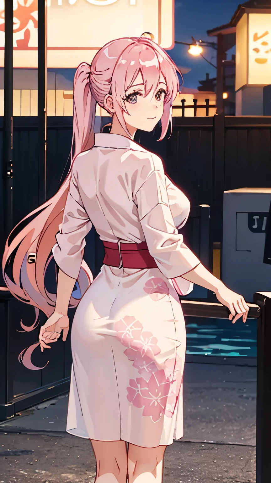 high res photograph, ultrasharp, 8K, masterpiece, looking at viewer, photograph from behind, very tight wet dress, thicc ass, perfect anatomy, wearing YUKATA, pink hair, seductive smile, beautiful face, BENDING OVER, SHOWING ASS, minimalist coloring