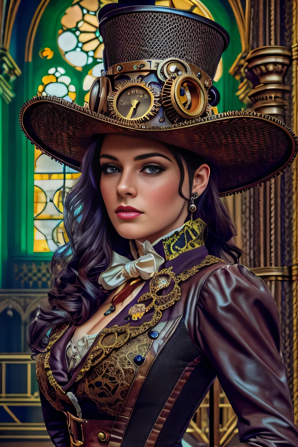 Hyperrealist full shot of a sexy malicious steampunk gal by david hockney and alphonse mucha,photography art, photo hyper-realistic, dynamic lighting, artstation, poster, volumetric lighting, very detailed faces, 4 k, award winning, 1girl, gothic cathedral n background, deep shadow,(steampunk clothing:1.4) ,long hair, steampunk intricate top hat