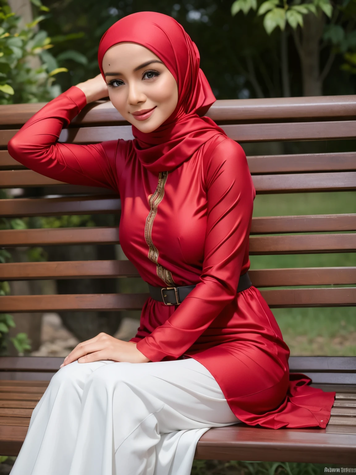 1 lady, 30 years old, hijabi, wearing tight malay baju kurung, fine wrinkles, posing politely, sitting on bench, red malay baju kurung, big breast, covered up, wearing plain hijab