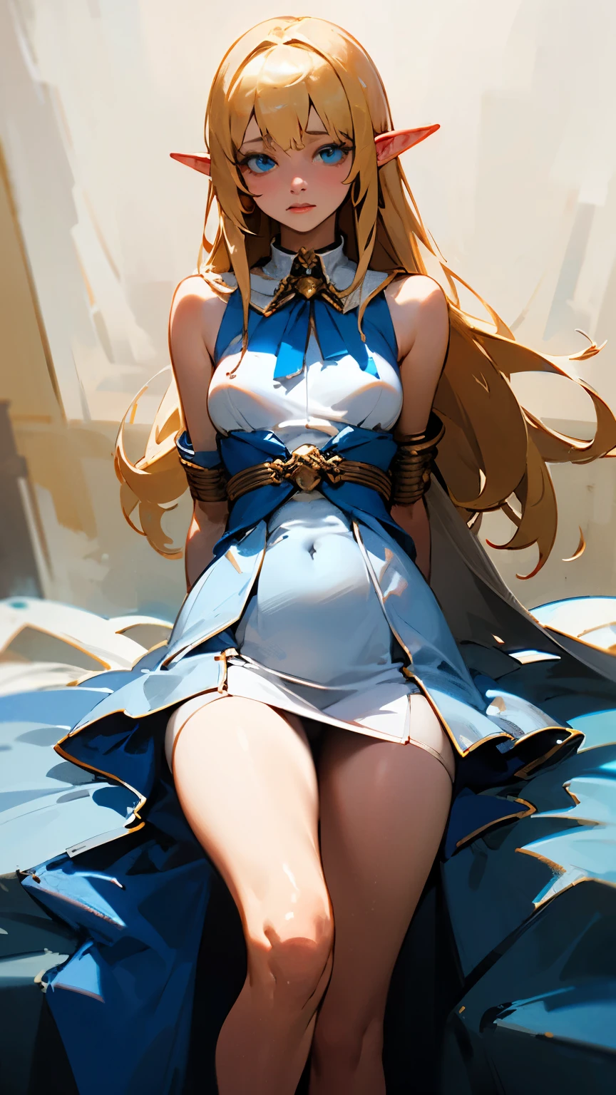 best quality,4k,high res),ultra-detailed,realistic:1.37, blonde hair, bright golden hair, elf, medium-sized breasts, slender, magical slave collar, in a dark sex dungeon, deep blue eyes, long hair, silver collar, slave, bondage, shy, submissive, white and blue priestess decolletage dress, slim body, dainty body, sleeveless dress