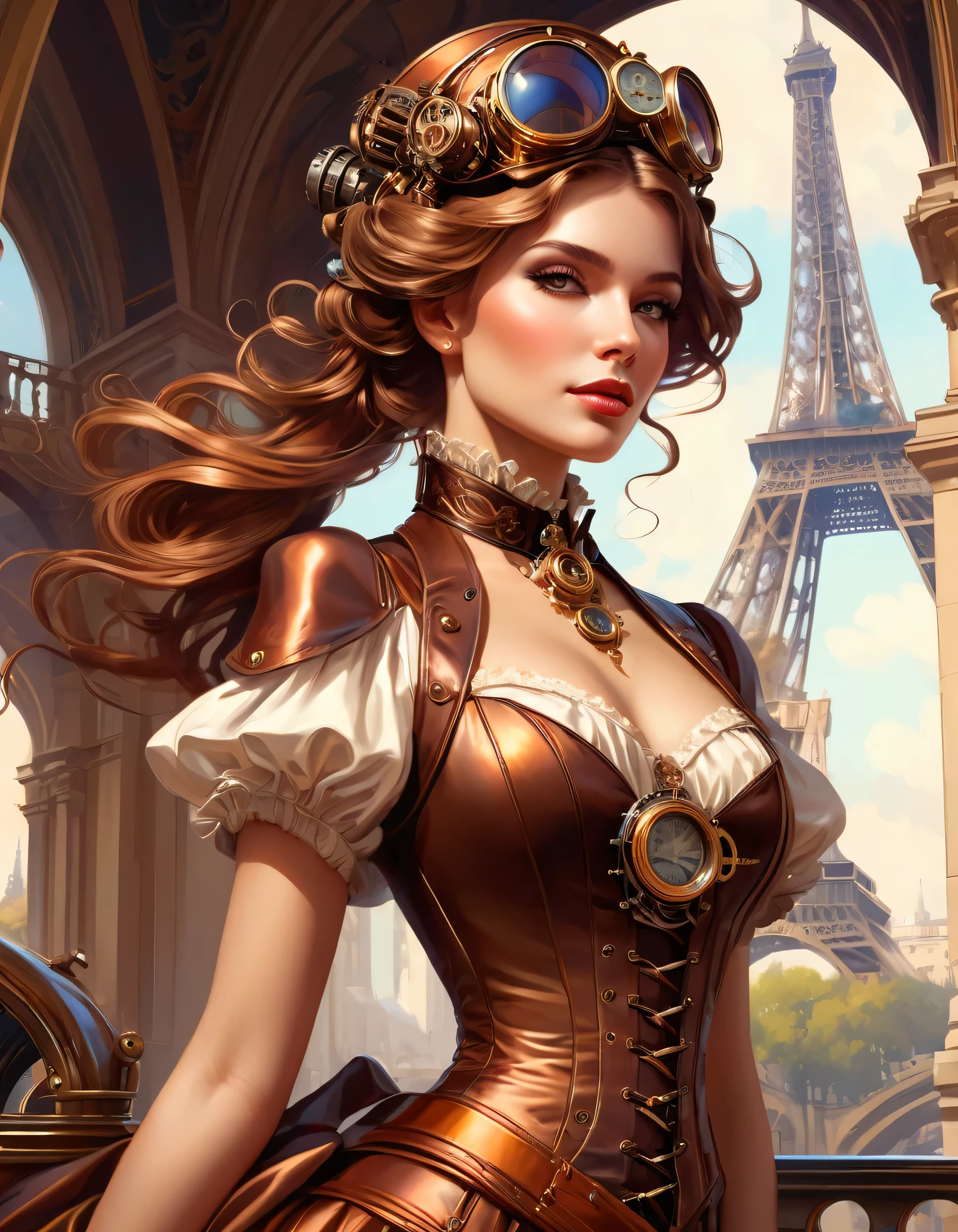 photo of (( )), wearing elegant dress steampunk items, modern day in Paris , intricate, elegant, highly detailed, digital painting, artstation, concept art, smooth, sharp focus, illu0.8ation, art by artgerm and greg rutkowski and alphonse mucha