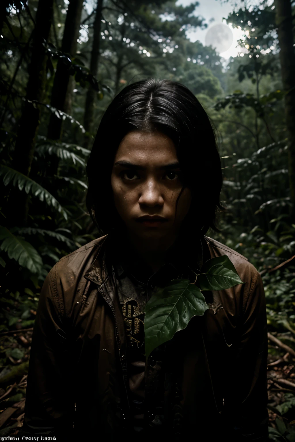 Photo of a young boy named Garoto, in his early teens, being startled and attacked by a terrifying creature in the dense forest. The scene radiates a sense of fear and dread. (best quality, ultra-detailed: 1.2), intense, dark colors, expression of shock and terror on Garoto's face, intricate woodland details, muddy textures, (deep focus: 1.5), (high contrast: 1.3), cinematic, eerie lighting, backlit by moonlight, fearful creature looming in the background, overcast sky, danger lurking, detailed facial features on Garoto, lifelike textures, leaves and branches rustling in
