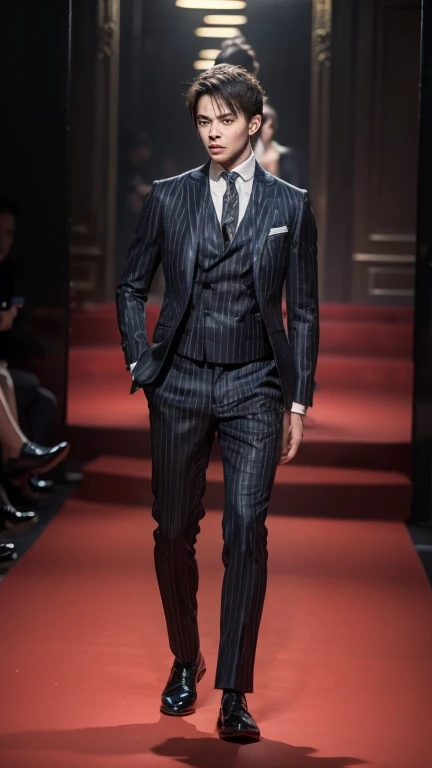 1 boy , handsome boy, High_Haute couture, wearing High_Haute couture, group photo, fashion show, Long face, angry, crazy, Deep red eyes, short hair, catwalk \(aisle\), , rich and colorful, Bright colors, masterpiece, best quality, absurd, best quality, Stunning details, 8k, Aesthetic