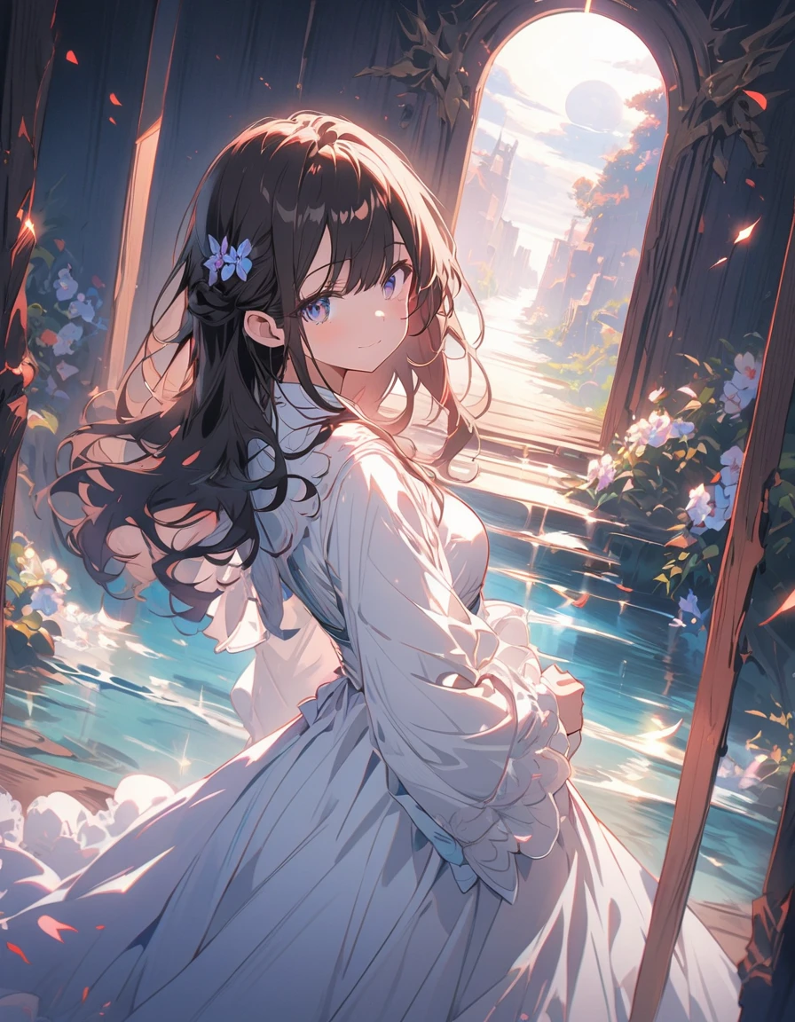 (masterpiece),(highest quality), figure, (Fantasy:1.4), Brown long hair, Long eyelashes, Round eyes, A light smile, Surrealism, Cast a Shadow, Anaglyph, Stereogram, Atmospheric perspective, 8k, Super Detail, Accurate, highest quality, 超High resolution, Textured skin, Long dress, moon, Flowers , paper_cut、(highest quality、masterpiece、High resolution、detailed)、animeスタイル、Flat Style、(Shining Eyes、detailed美しい顔), BREAK,1 girl、extremely detailed(The Shining), Best lighting, Best Shadow、floating, (High saturation),Dynamic Angle、anime