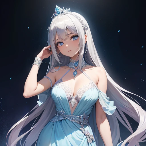 The girl had silver hair, que brillaba al sol, y ojos azules brillantes que brillaban como diamantes. Her  figure was wrapped in a flowy dress., mientras alas plateadas brotaban de su espalda. On her head was a diamond crown that shone even in the shadows..