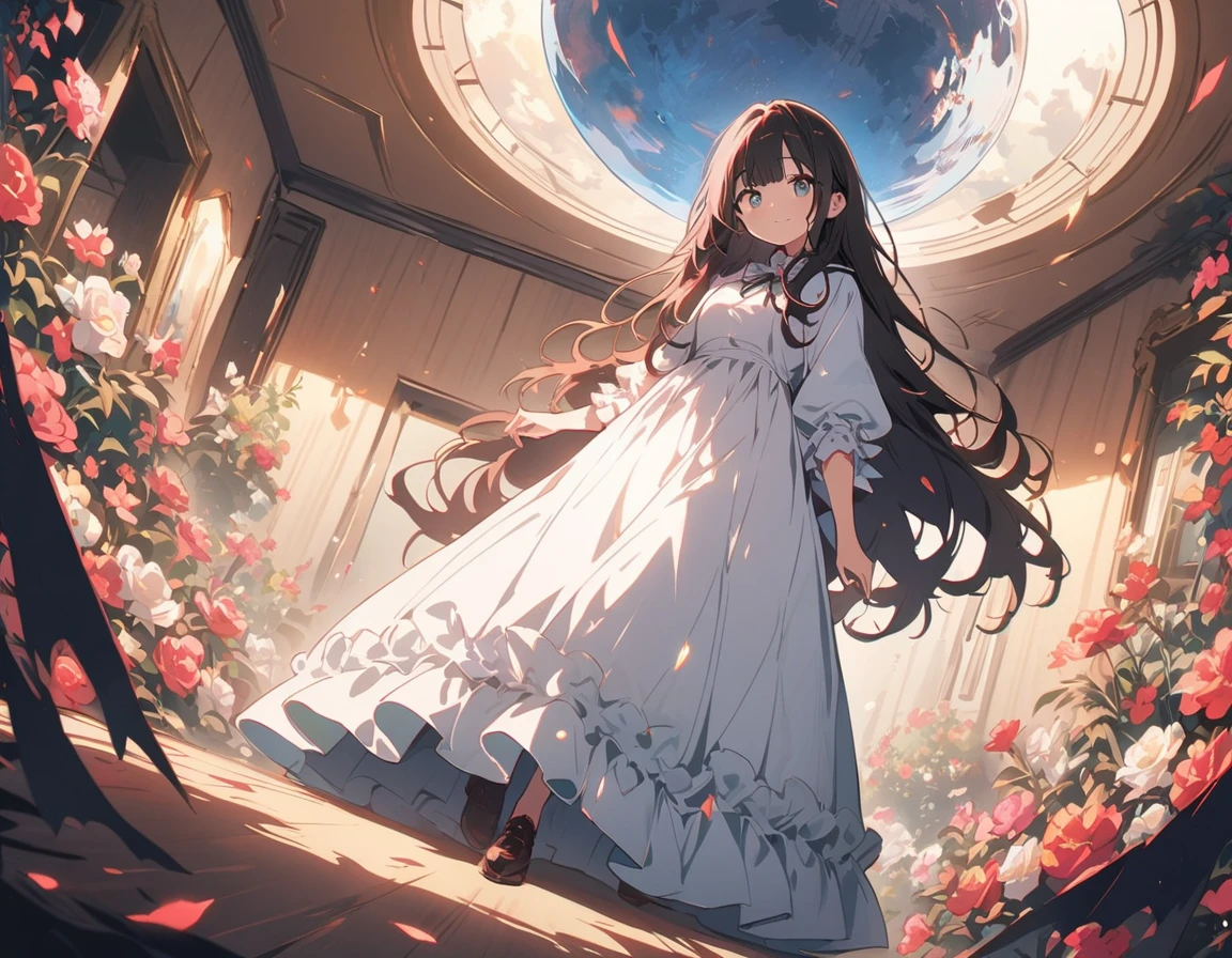 (masterpiece),(highest quality), figure, (Fantasy:1.4), Brown long hair, Long eyelashes, Round eyes, A light smile, Surrealism, Cast a Shadow, Anaglyph, Stereogram, Atmospheric perspective, 8k, Super Detail, Accurate, highest quality, 超High resolution, Textured skin, Long dress, moon, Flowers , paper_cut、(highest quality、masterpiece、High resolution、detailed)、animeスタイル、Flat Style、(Shining Eyes、detailed美しい顔), BREAK,1 girl、extremely detailed(The Shining), Best lighting, Best Shadow、floating, (High saturation),Dynamic Angle、anime