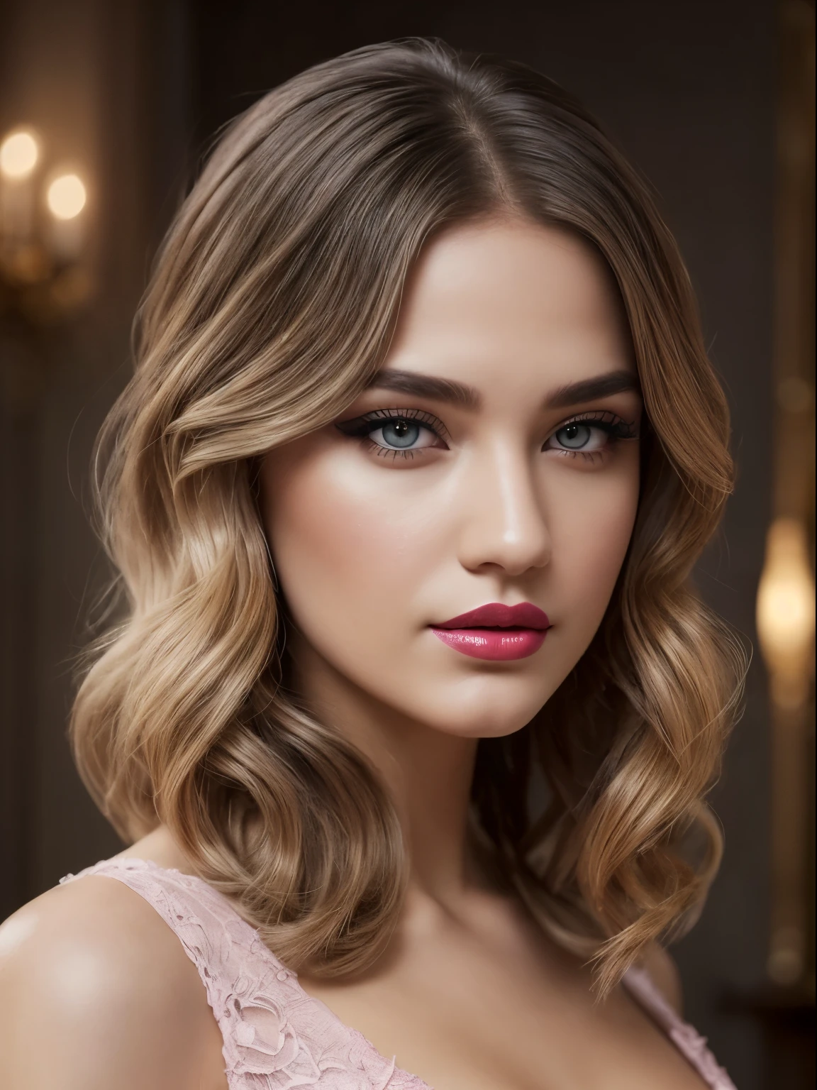 (Best quality,8K,A high resolution,Masterpiece:1.2, DSLR, 16k ),Ultra-detailed,(Realistic,Photorealistic,photo-realistic:1.37),Portrait, Creative style artwork, Historical, classical, Sophisticated, plethora of colors ,Highly detailed, Soft lighting, luxurious environment , black dress, there is young woman , girl wearing a red classy royal dress, performing a music video, slim fit (oval perfect shape, asymmetrical face structure, perfect proportion, almond eye type, hazal eye color, detailed eyes, yellow hair color, 34 inch breasts, hourglass figure, slim body, pale white skin tone ,sexy girl, 22 years old, soft wavy hair, looking away, attitude expression, professional makeup, pink lips)