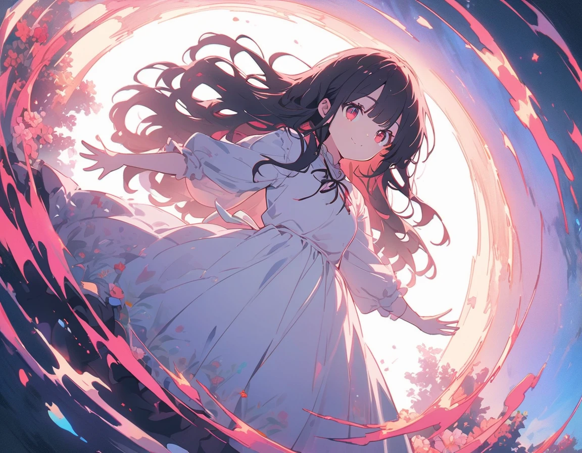 (masterpiece),(highest quality), figure, (Fantasy:1.4), Brown long hair, Long eyelashes, Round eyes, A light smile, Surrealism, Cast a Shadow, Anaglyph, Stereogram, Atmospheric perspective, 8k, Super Detail, Accurate, highest quality, 超High resolution, Textured skin, Long dress, moon, Flowers , paper_cut、(highest quality、masterpiece、High resolution、detailed)、animeスタイル、Flat Style、(Shining Eyes、detailed美しい顔),  BREAK,1 girl、extremely detailed(The Shining), Best lighting, Best Shadow、floating, (High saturation),Dynamic Angle、anime
