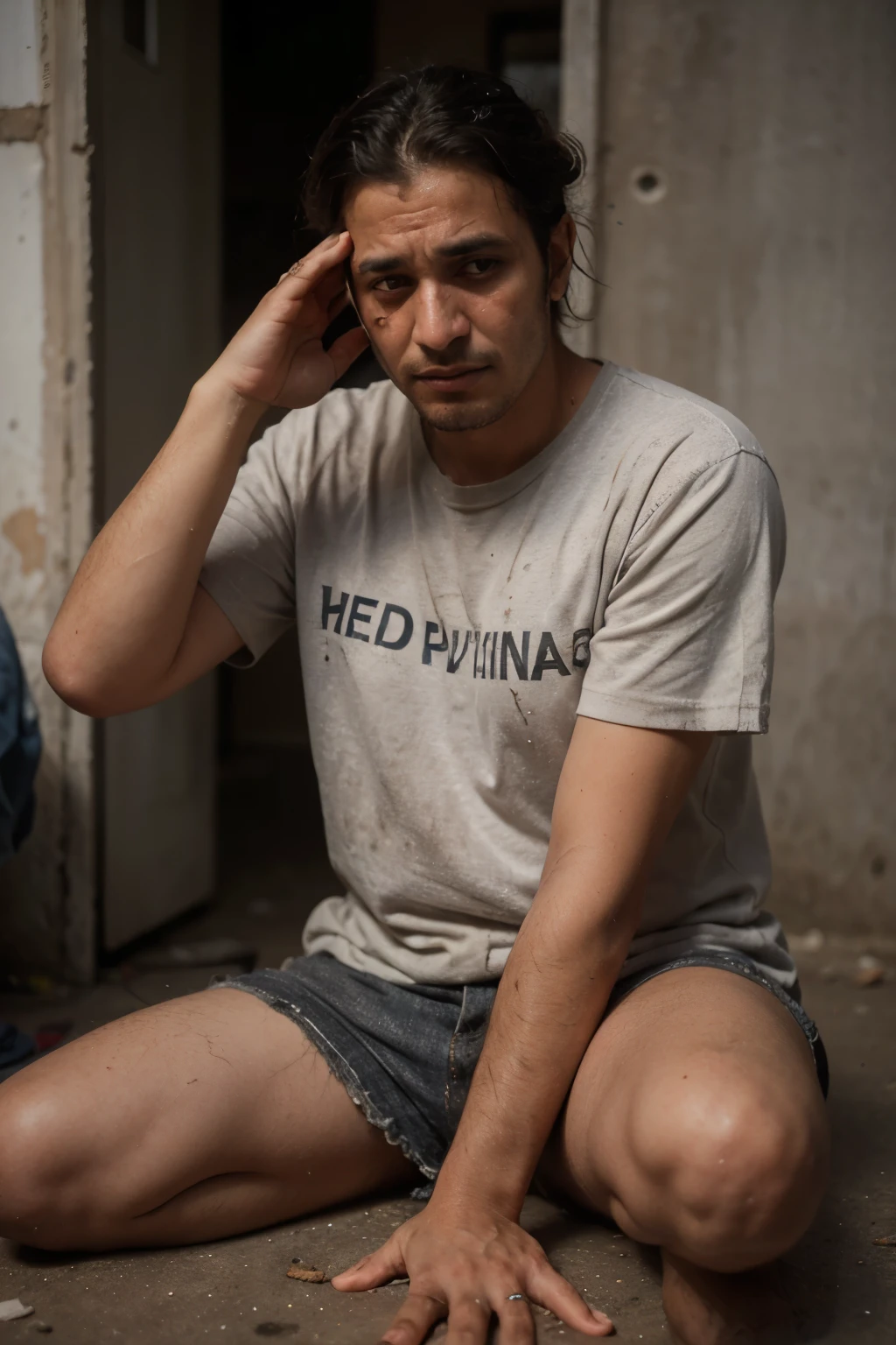 ((Best quality)), ((Masterpiece)), (Perfect face),(A very poor and pathetic non-Arabic man wearing worn out and dirty clothes and shedding tears, sitting on his knees and raising his hands to ask for money, 4k, digital art, ultra detailed .)