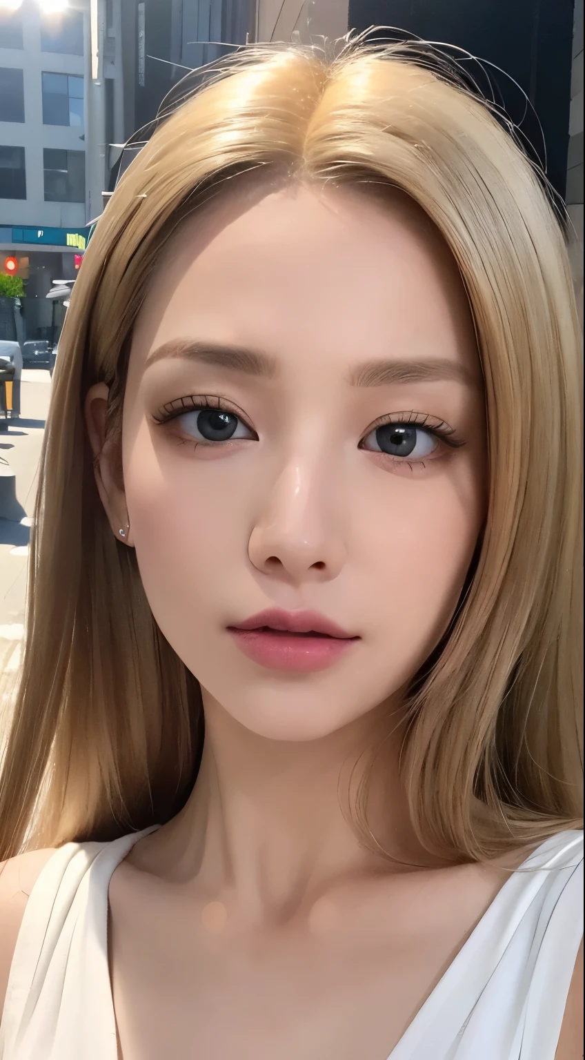 ((lifelike lighting, better quality, 8K, masterpiece: 1.3)), clear focus: 1.2, 1 woman, perfect look: 1.4, thin abs: 1.1, ((dark blonde hair)), (white cutting top: 1.4), (outdoors, ~am: 1.1), city streets, very nice face, good eyes, double eyelid, pink shirt