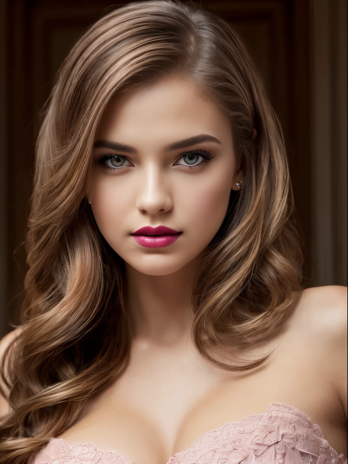 (Best quality,8K,A high resolution,Masterpiece:1.2, DSLR, 16k ),Ultra-detailed,(Realistic,Photorealistic,photo-realistic:1.37),Portrait, Creative style artwork, Historical, classical, Sophisticated, plethora of colors ,Highly detailed, Soft lighting, luxurious environment , black dress, there is young woman , girl wearing a red classy royal dress, performing a music video, slim fit (oval perfect shape, asymmetrical face structure, perfect proportion, almond eye type, hazal eye color, detailed eyes, red hair color, 36 inch breasts, hourglass figure, slim body, pale white skin tone ,sexy girl, 23 years old, soft wavy hair, looking away, attitude expression, professional makeup, pink lips)