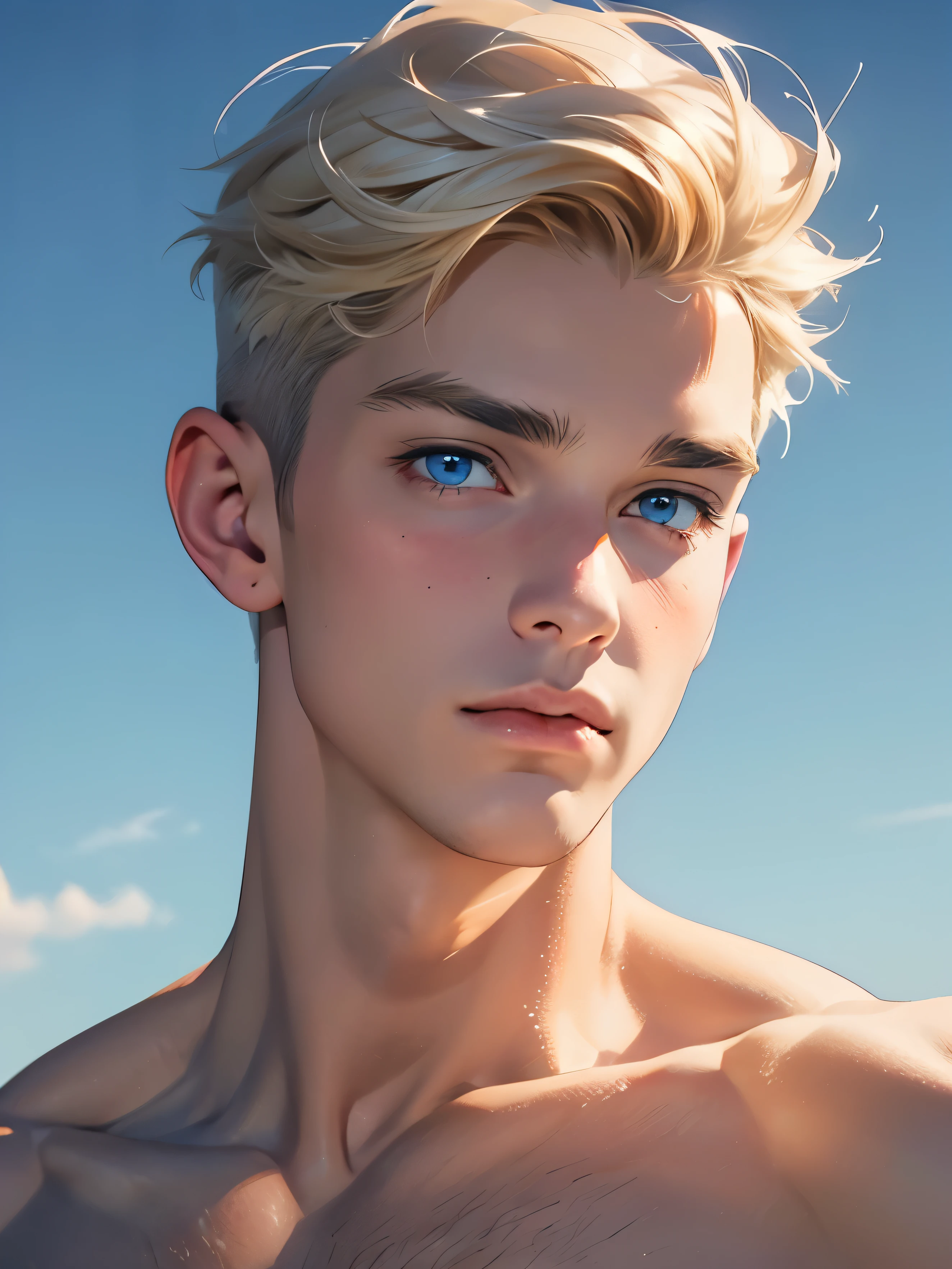 Caucasian man,  thin nose, thin lips, blue eyes, blonde hair, jock putfit, slightly fleshy undertone, young handsome face, pastel art 